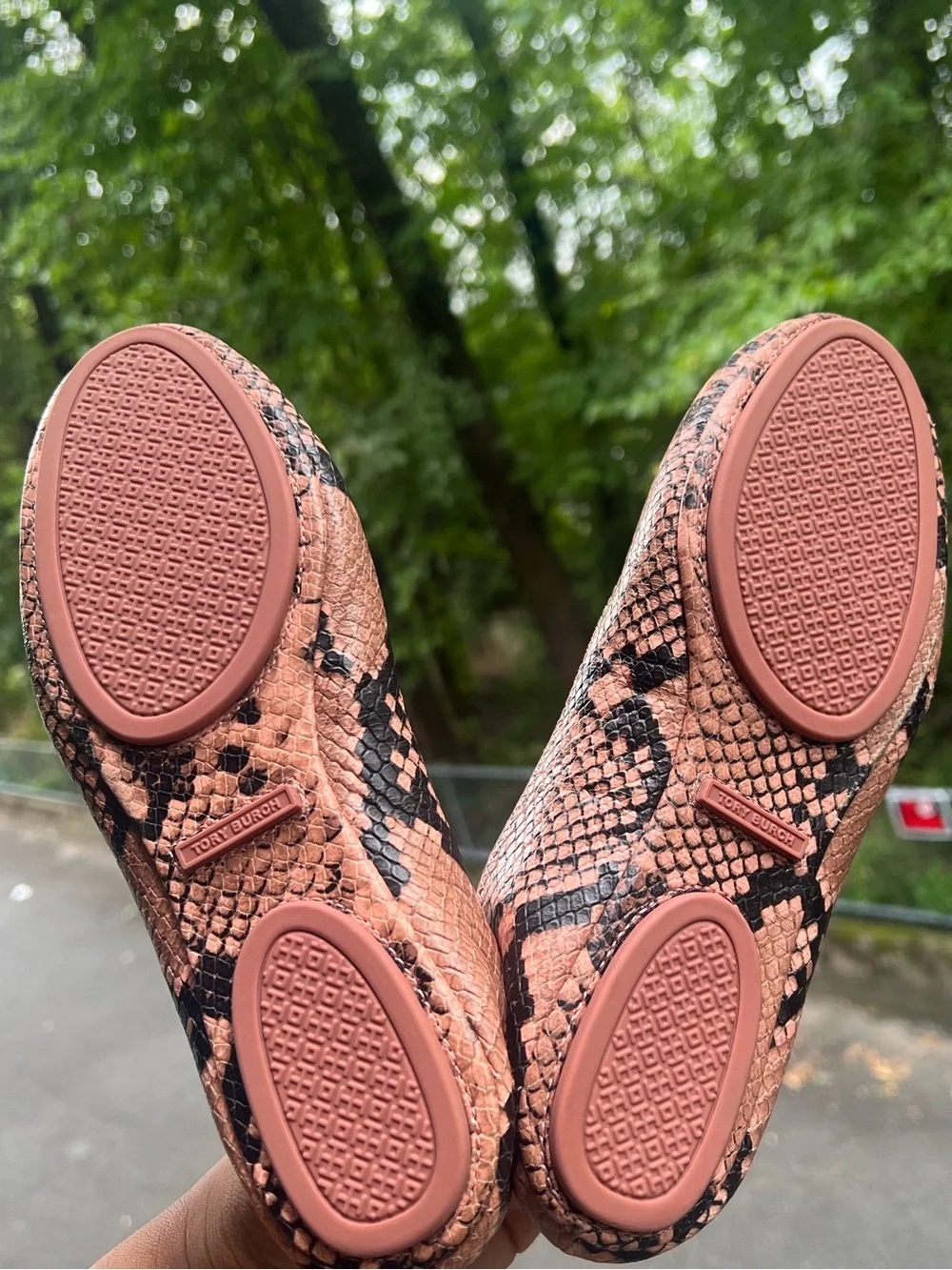 Tory Burch Pink Tan Snake-Print Reva Ballet Flats